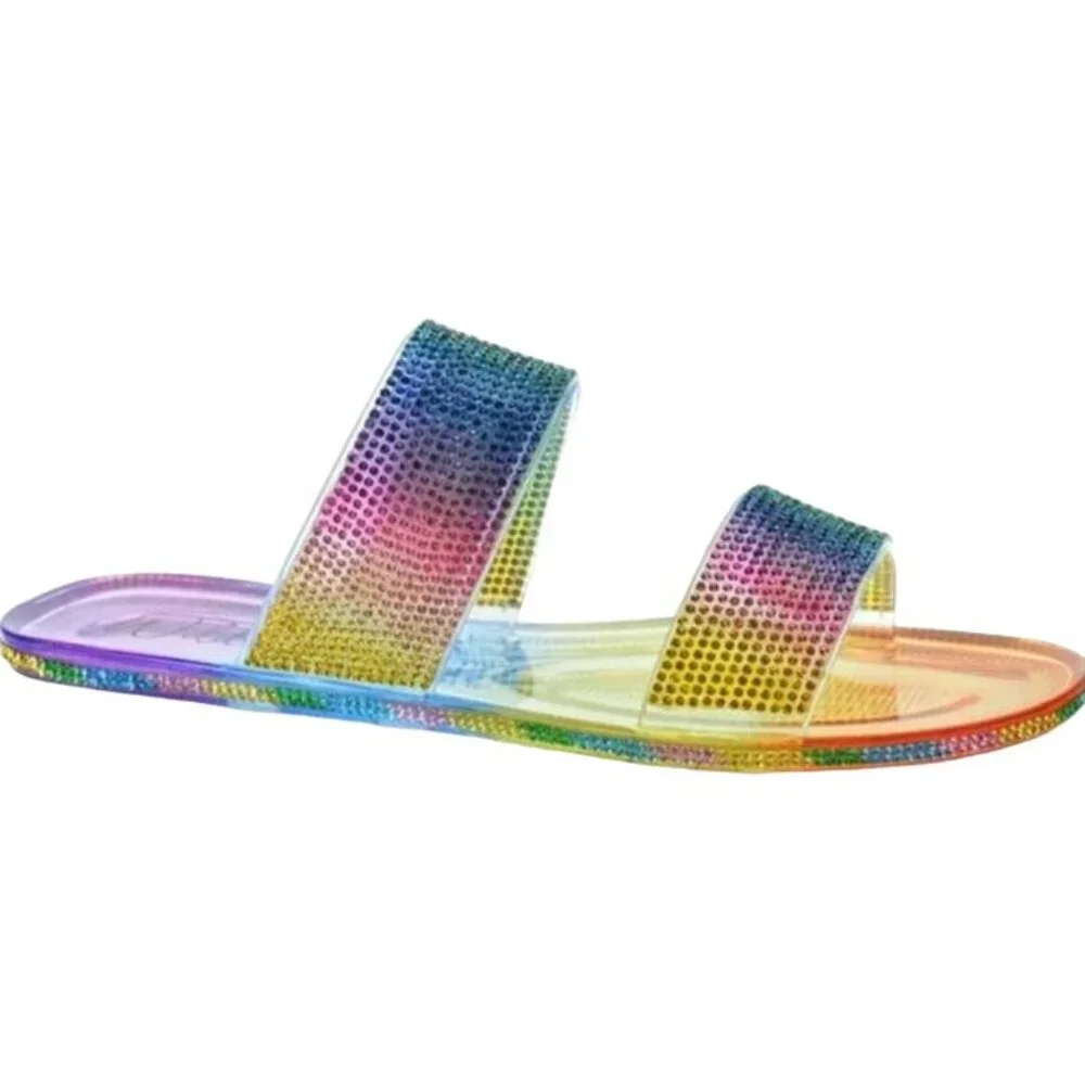 NEW Wild‎ Pair Juba Embellished Pool Side Jelly Sandals in Rainbow Bling Size 7